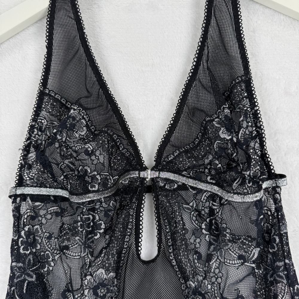 Victoria's Secret Very Sexy Black Lace Silver Metallic Halter Teddy Bodysuit S - Picture 2 of 10